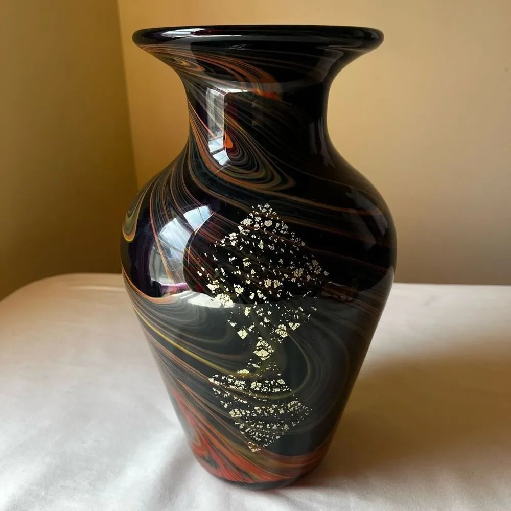 Murano Style Art Glass Vase Hand Blown Black with Gold Foil Mid Century Modern - Picture 1 of 12